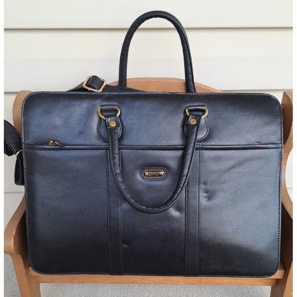 Missini Women's Black Leather Briefcase Messenger Bag Work Laptop Shoulder Strap